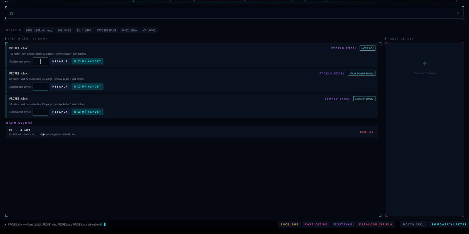 Board builds: consumption per BOM with build history and undo