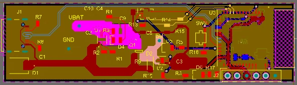 Layout view: USB-C and charger on the left, ESP32-S3 module and antenna keep-out on the right