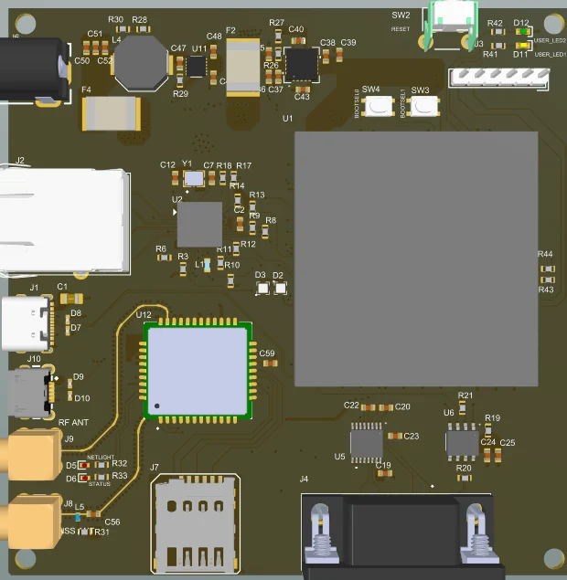 Top view: SoM, Ethernet PHY, modem, SIM holder and serial connector