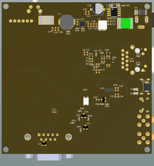 Underside with the power stage and the modem support circuitry