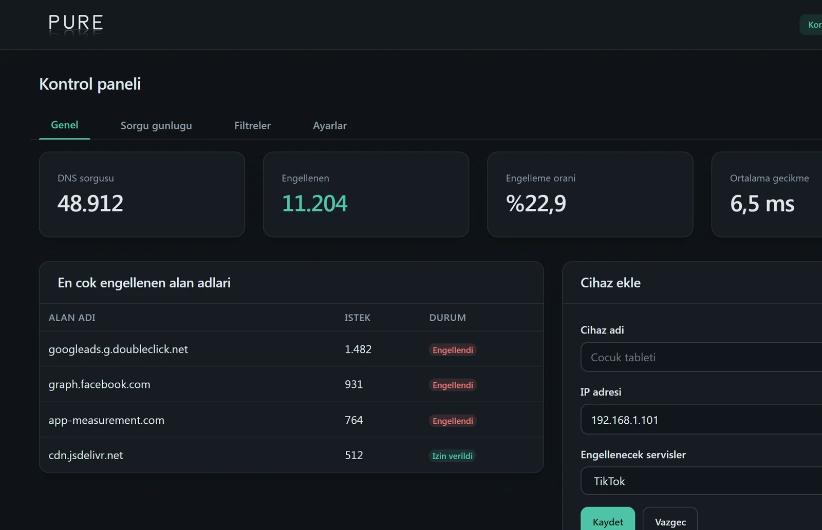 Control panel: queries, blocked domains and per-device rules